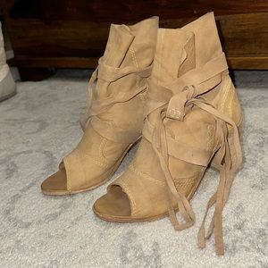 Free People Bootie, peep toe, chamois leather.  Size 39/8 fits as 8.5
